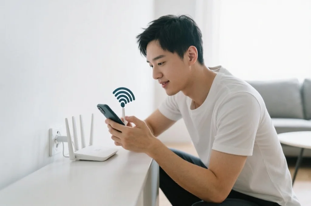 现代家庭场景中，一名用户正在路由器旁边检查手机信号强度，背景简洁明亮
